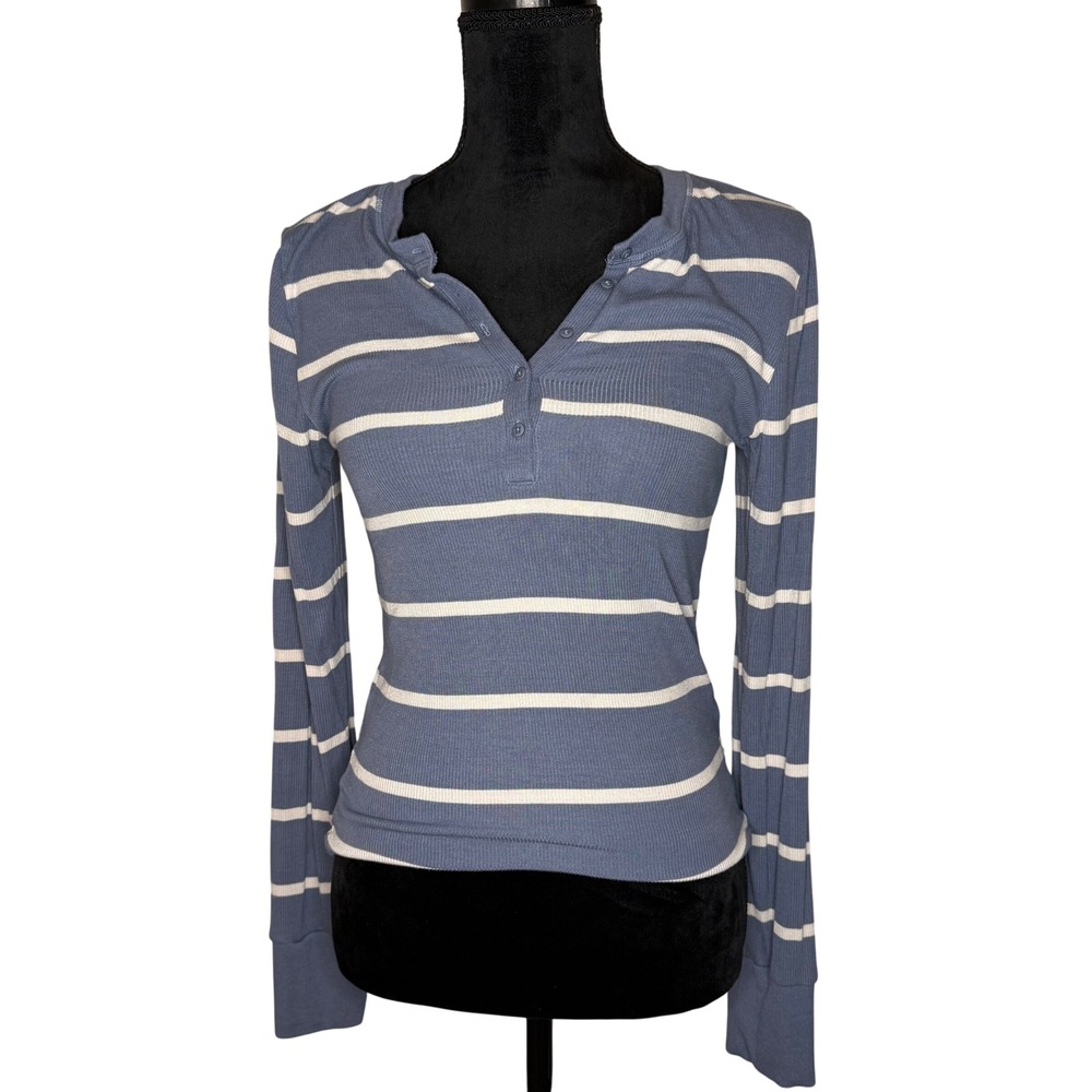 Y2K Striped Ribbed Long Sleeve Henley Top Size M